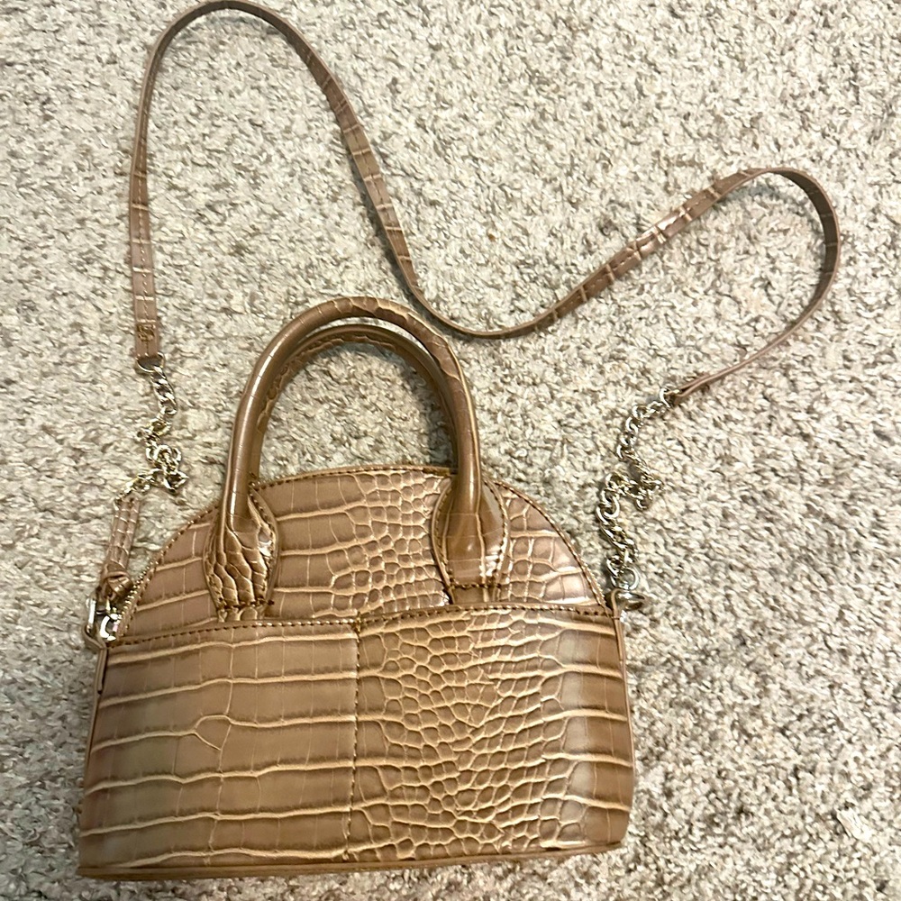Small tan crocodile purse from Zara. Top handle and crossbody strap.